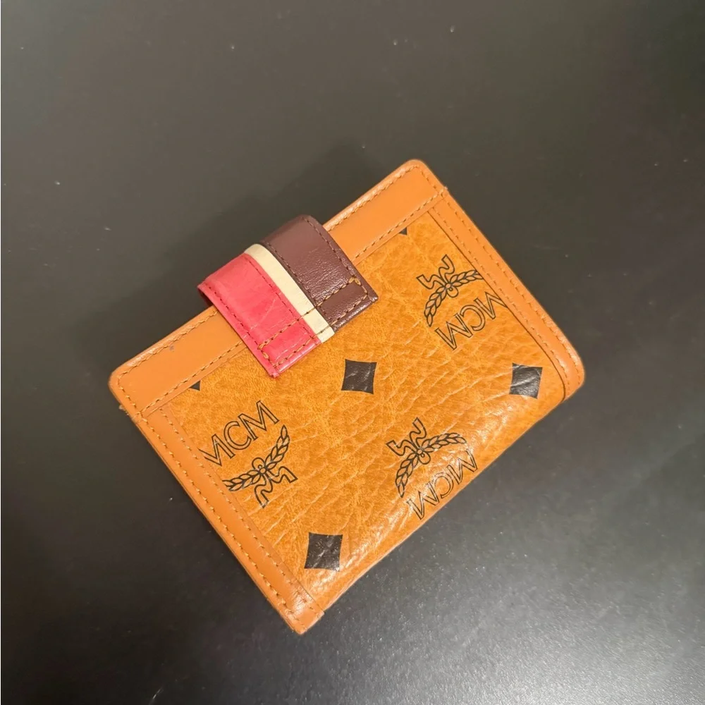 MCM Cognac Logo Leather Bifold Wallet with Red Accent Strap - Picture 2 of 3
